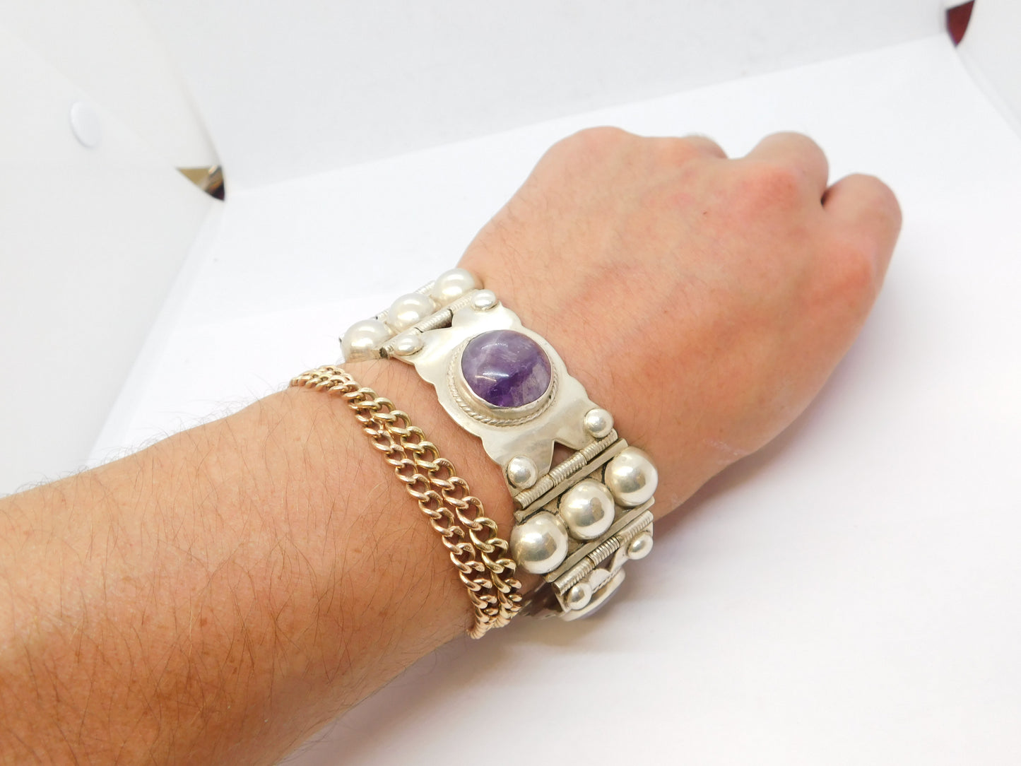 Mexican Chunky Sterling Silver Amethyst Cabochon Statement Bracelet Vintage