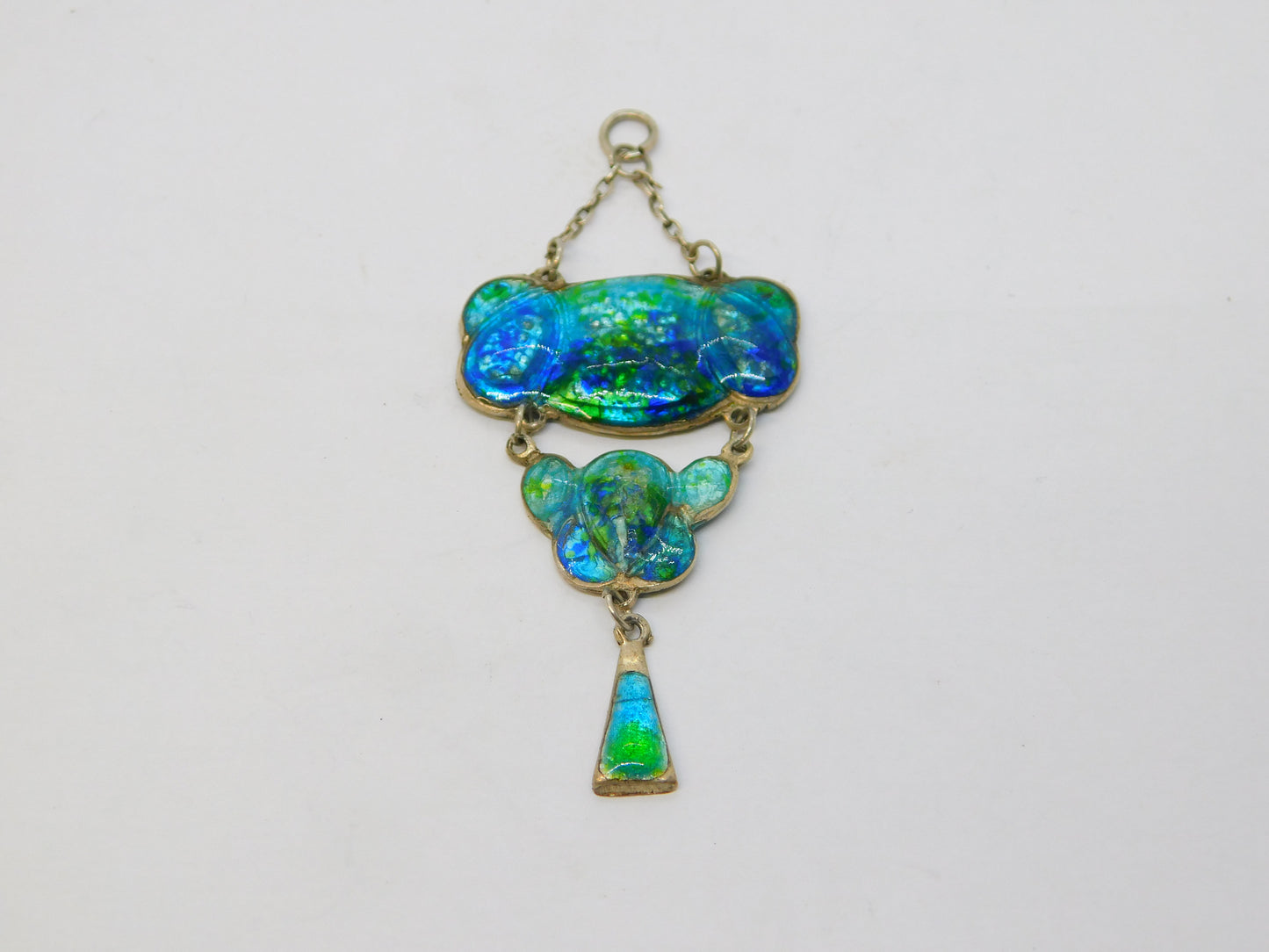 Art Nouveau Sterling Silver Blue-Green Guilloche Enamel Drop Pendant Antique c1910