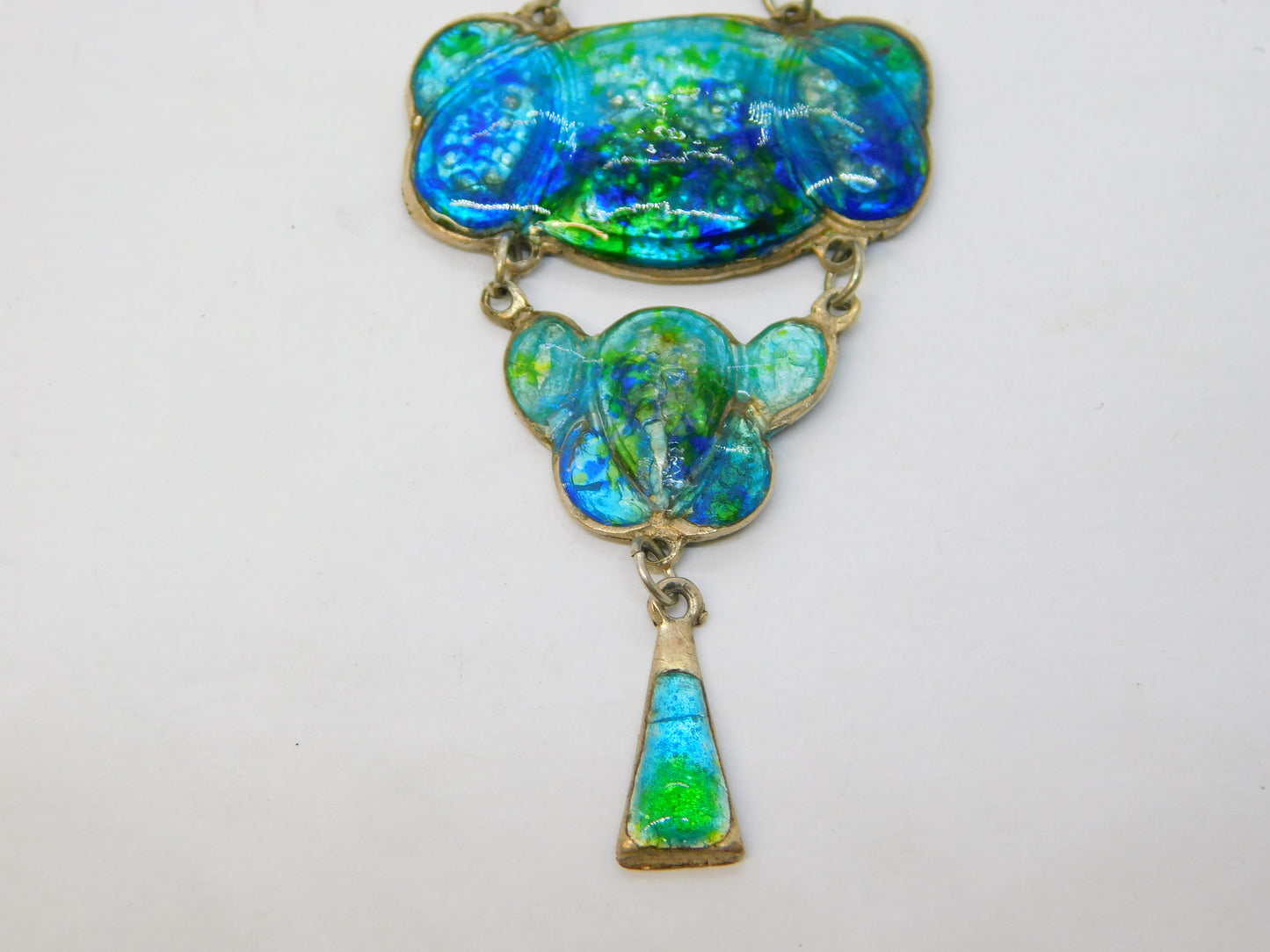 Art Nouveau Sterling Silver Blue-Green Guilloche Enamel Drop Pendant Antique c1910