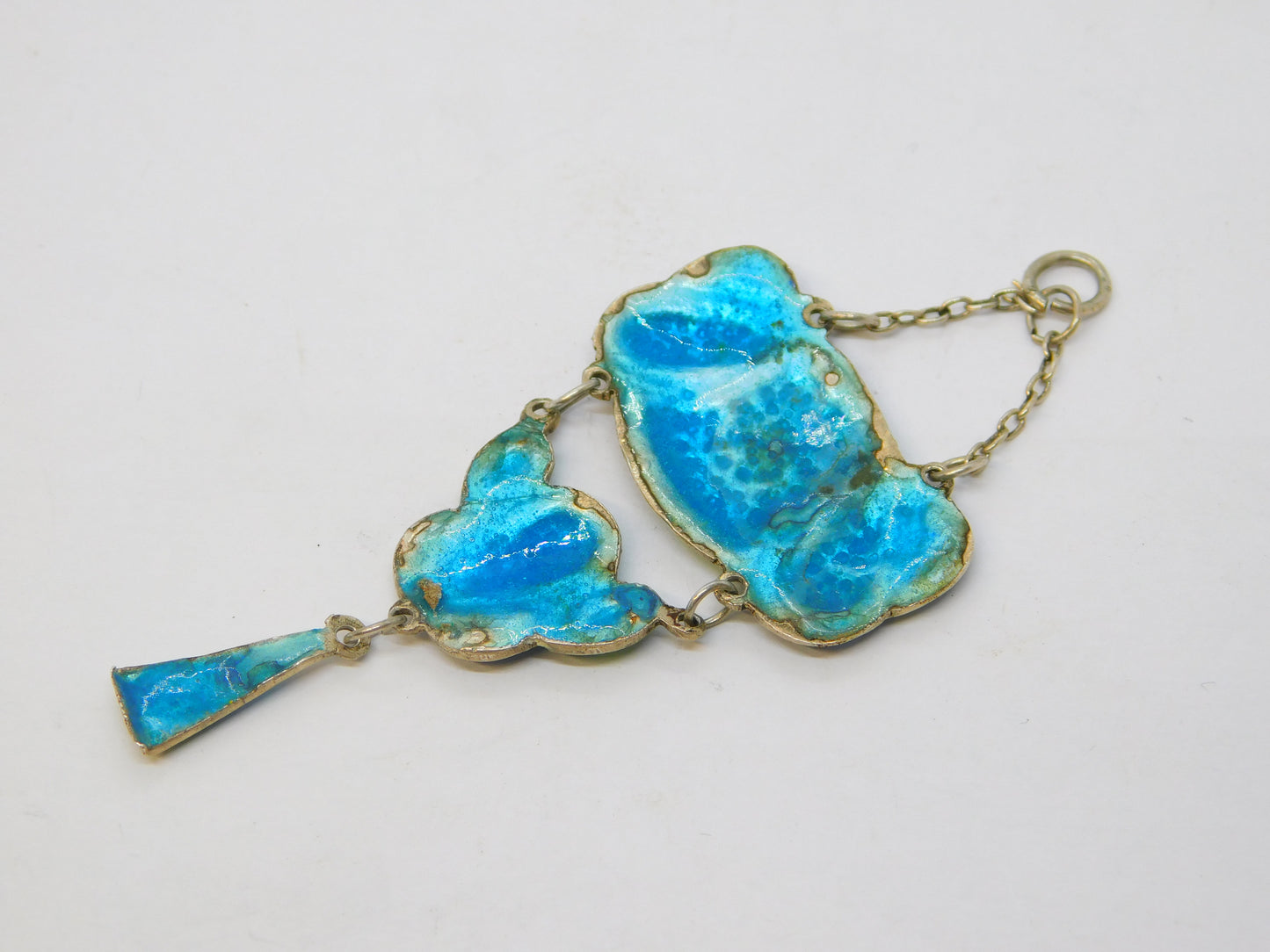 Art Nouveau Sterling Silver Blue-Green Guilloche Enamel Drop Pendant Antique c1910