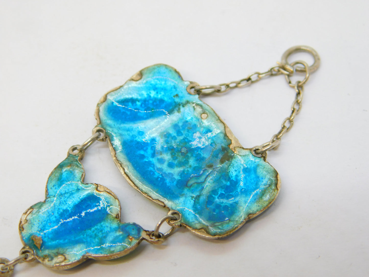 Art Nouveau Sterling Silver Blue-Green Guilloche Enamel Drop Pendant Antique c1910