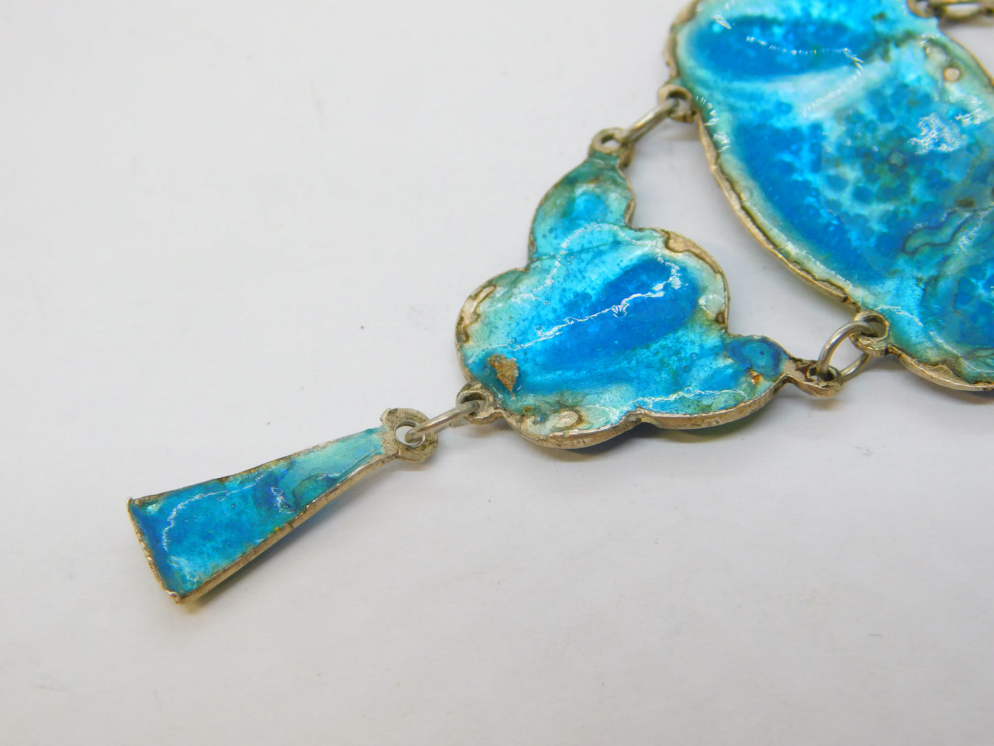 Art Nouveau Sterling Silver Blue-Green Guilloche Enamel Drop Pendant Antique c1910