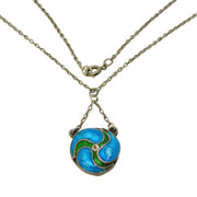 Art Nouveau Sterling Silver Blue-Green Guilloche Enamel Pendant Necklace Antique c1890