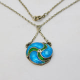 Art Nouveau Sterling Silver Blue-Green Guilloche Enamel Pendant Necklace Antique c1890