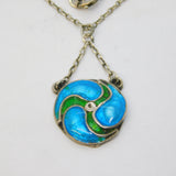 Art Nouveau Sterling Silver Blue-Green Guilloche Enamel Pendant Necklace Antique c1890