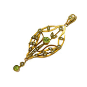 Edwardian 9ct Gold, Peridot & Seed Pearl Lavalier Drop Pendant Antique c1910