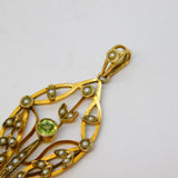 Edwardian 9ct Gold, Peridot & Seed Pearl Lavalier Drop Pendant Antique c1910