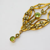 Edwardian 9ct Gold, Peridot & Seed Pearl Lavalier Drop Pendant Antique c1910