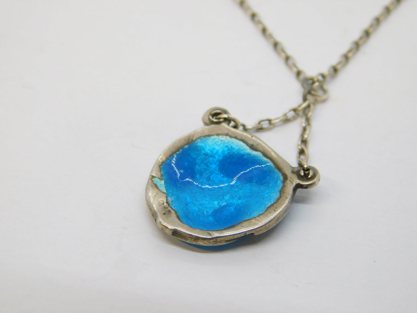 Art Nouveau Sterling Silver Blue-Green Guilloche Enamel Pendant Necklace Antique c1890