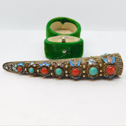 19th Century Chinese Sterling Silver, Enamel, Stone Set Nail Guard Antique c1890