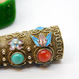 19th Century Chinese Sterling Silver, Enamel, Stone Set Nail Guard Antique c1890