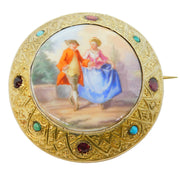 Austro-Hungarian Sterling Silver Gilt, Porcelain, Turquoise, Garnet Brooch c1860