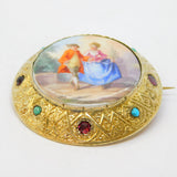 Austro-Hungarian Sterling Silver Gilt, Porcelain, Turquoise, Garnet Brooch c1860