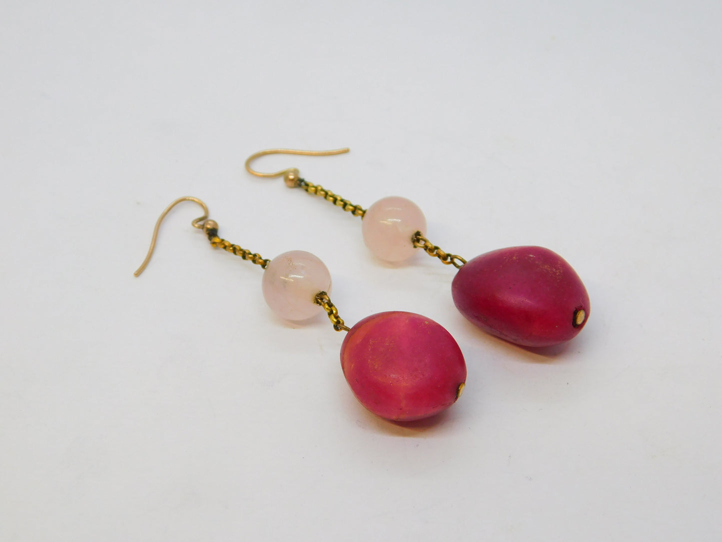 9ct Rose Gold Natural Red Quartz & Rose Quartz Drop Earrings Antique c1920