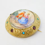 Austro-Hungarian Sterling Silver Gilt, Porcelain, Turquoise, Garnet Brooch c1860
