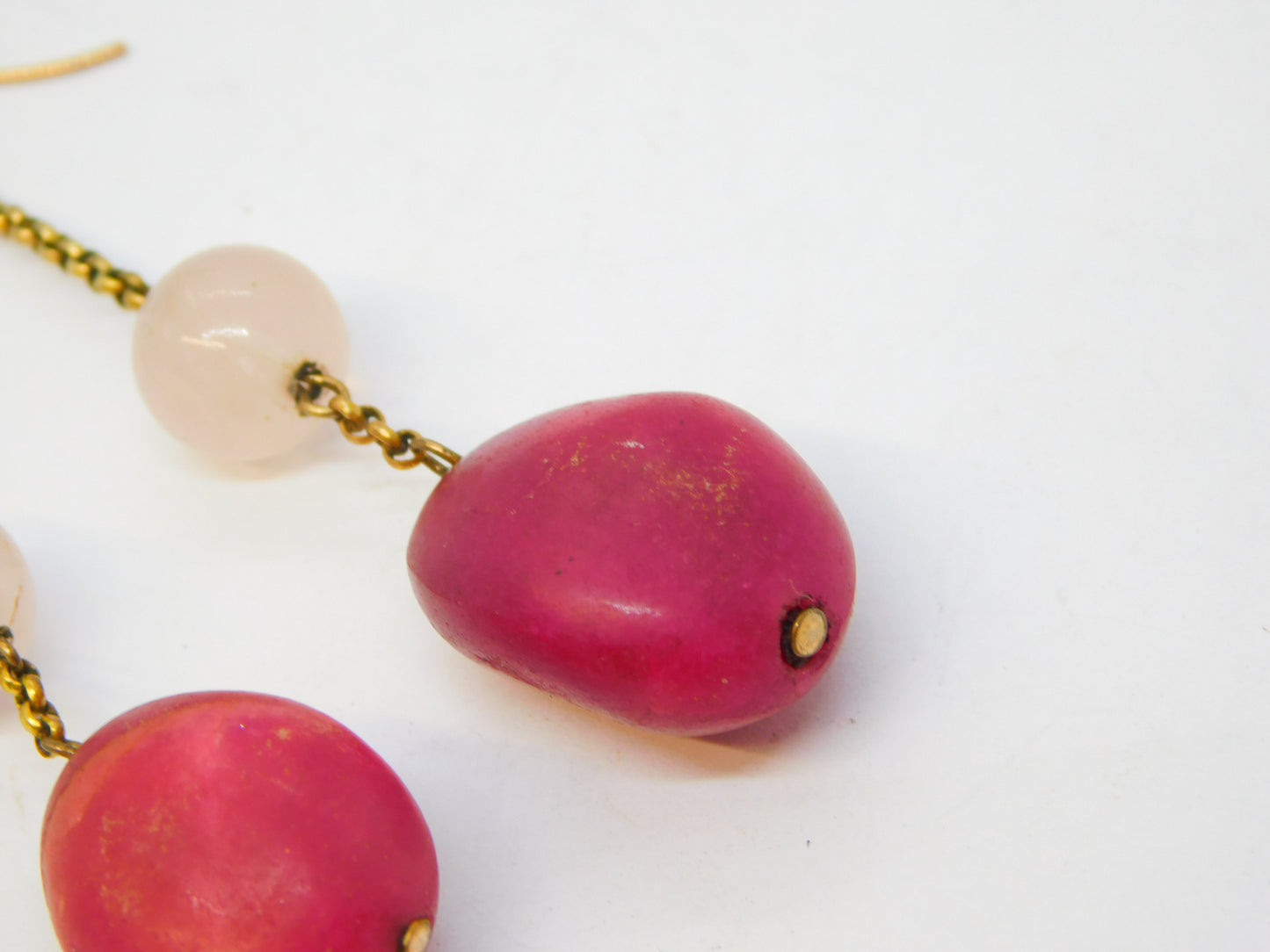 9ct Rose Gold Natural Red Quartz & Rose Quartz Drop Earrings Antique c1920