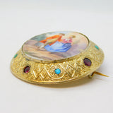 Austro-Hungarian Sterling Silver Gilt, Porcelain, Turquoise, Garnet Brooch c1860