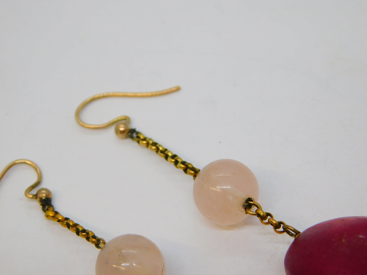 9ct Rose Gold Natural Red Quartz & Rose Quartz Drop Earrings Antique c1920