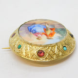 Austro-Hungarian Sterling Silver Gilt, Porcelain, Turquoise, Garnet Brooch c1860