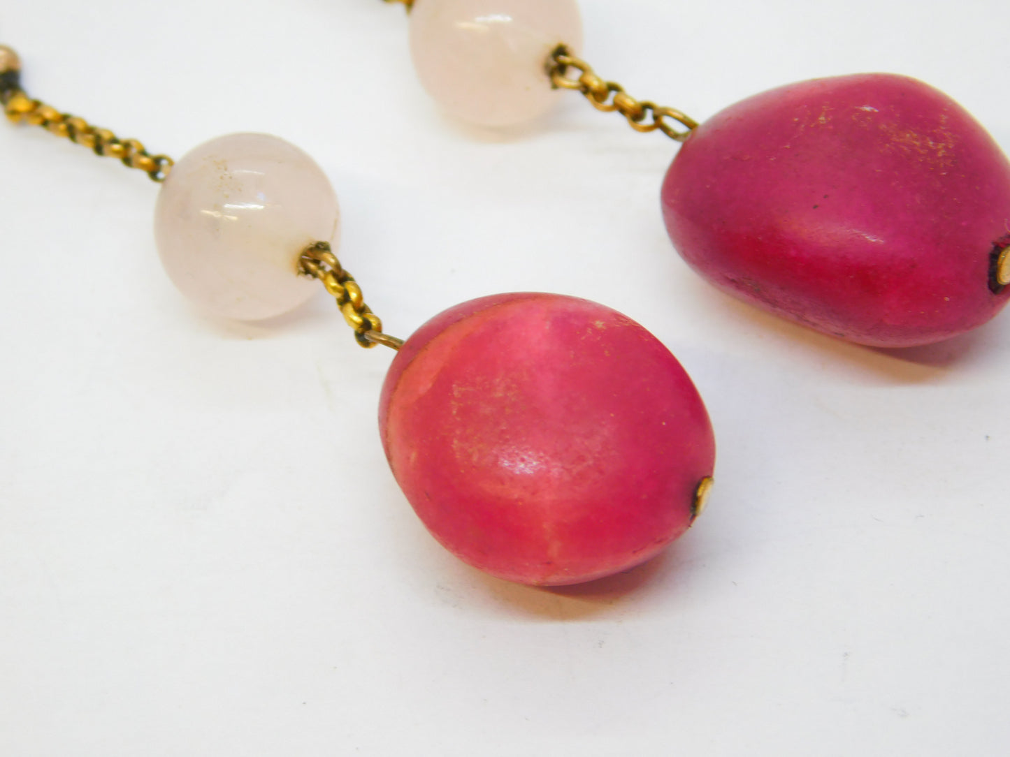 9ct Rose Gold Natural Red Quartz & Rose Quartz Drop Earrings Antique c1920