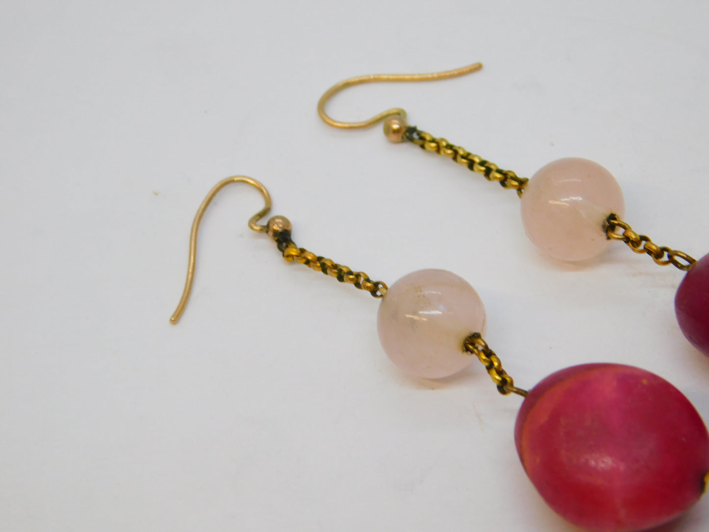 9ct Rose Gold Natural Red Quartz & Rose Quartz Drop Earrings Antique c1920