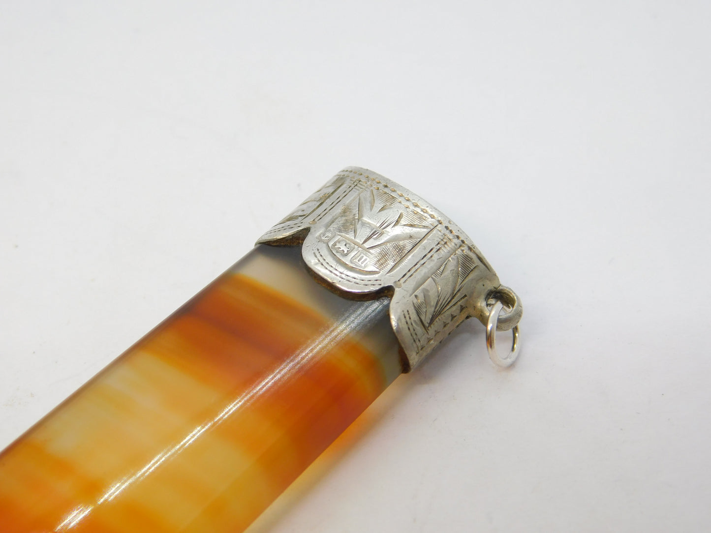 Sterling Silver Topped Banded Red Agate Large Pendant Fob Antique 1911 Birmingham