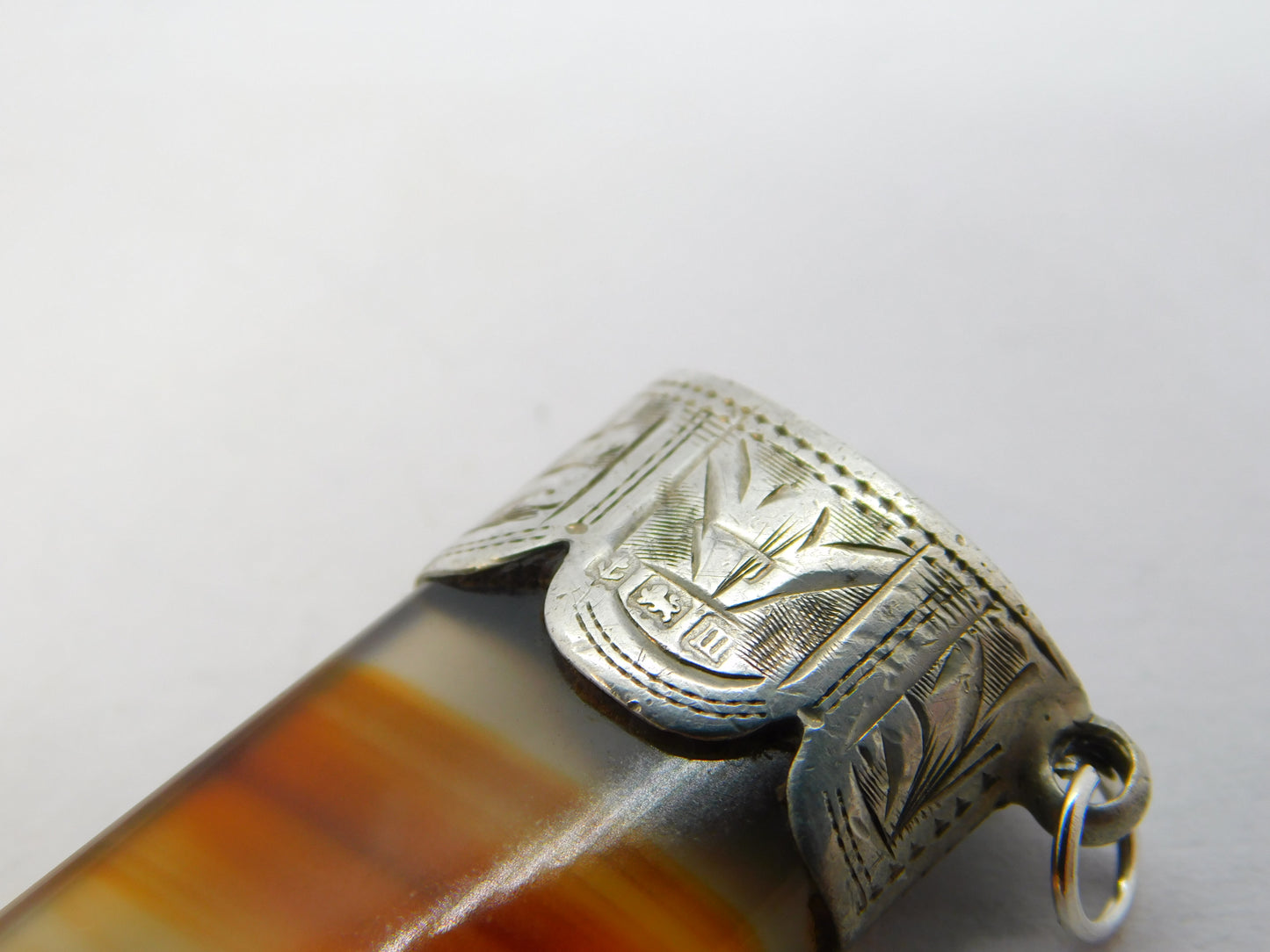 Sterling Silver Topped Banded Red Agate Large Pendant Fob Antique 1911 Birmingham