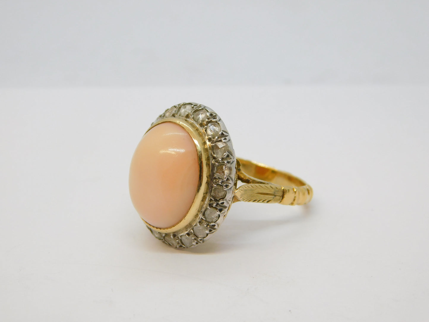 20th Century 18ct Gold, Angel-Skin Coral & 1.1ct Diamond Dress Ring Antique