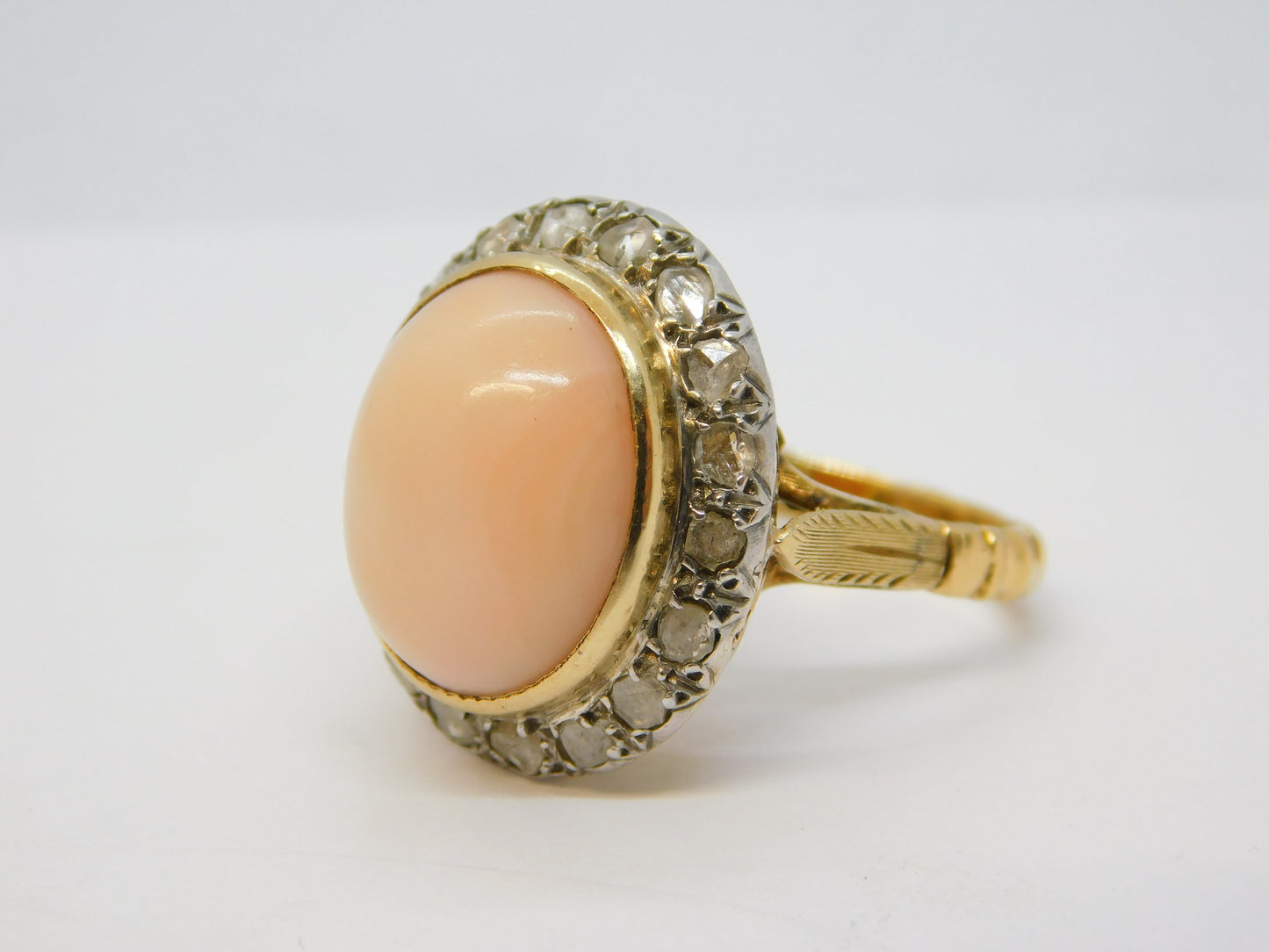 20th Century 18ct Gold, Angel-Skin Coral & 1.1ct Diamond Dress Ring Antique