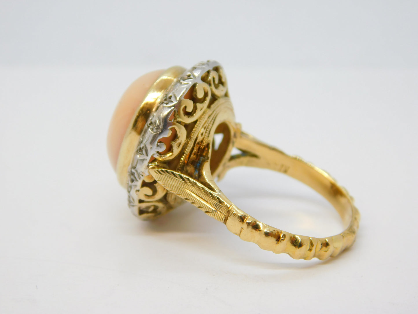 20th Century 18ct Gold, Angel-Skin Coral & 1.1ct Diamond Dress Ring Antique