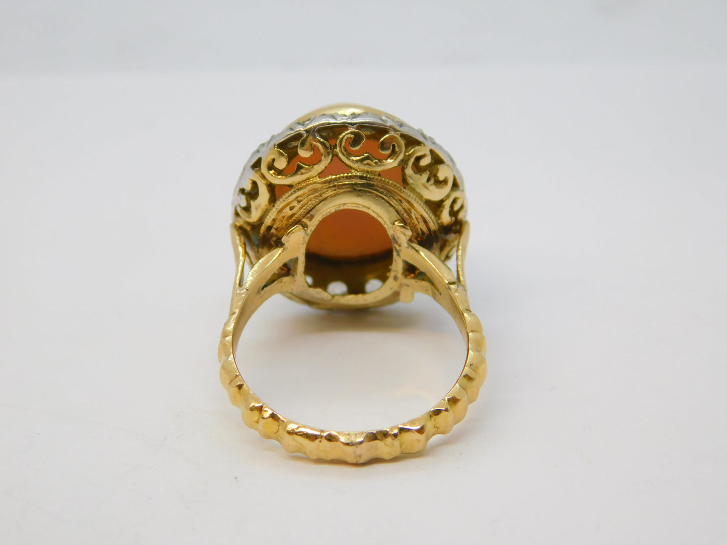 20th Century 18ct Gold, Angel-Skin Coral & 1.1ct Diamond Dress Ring Antique