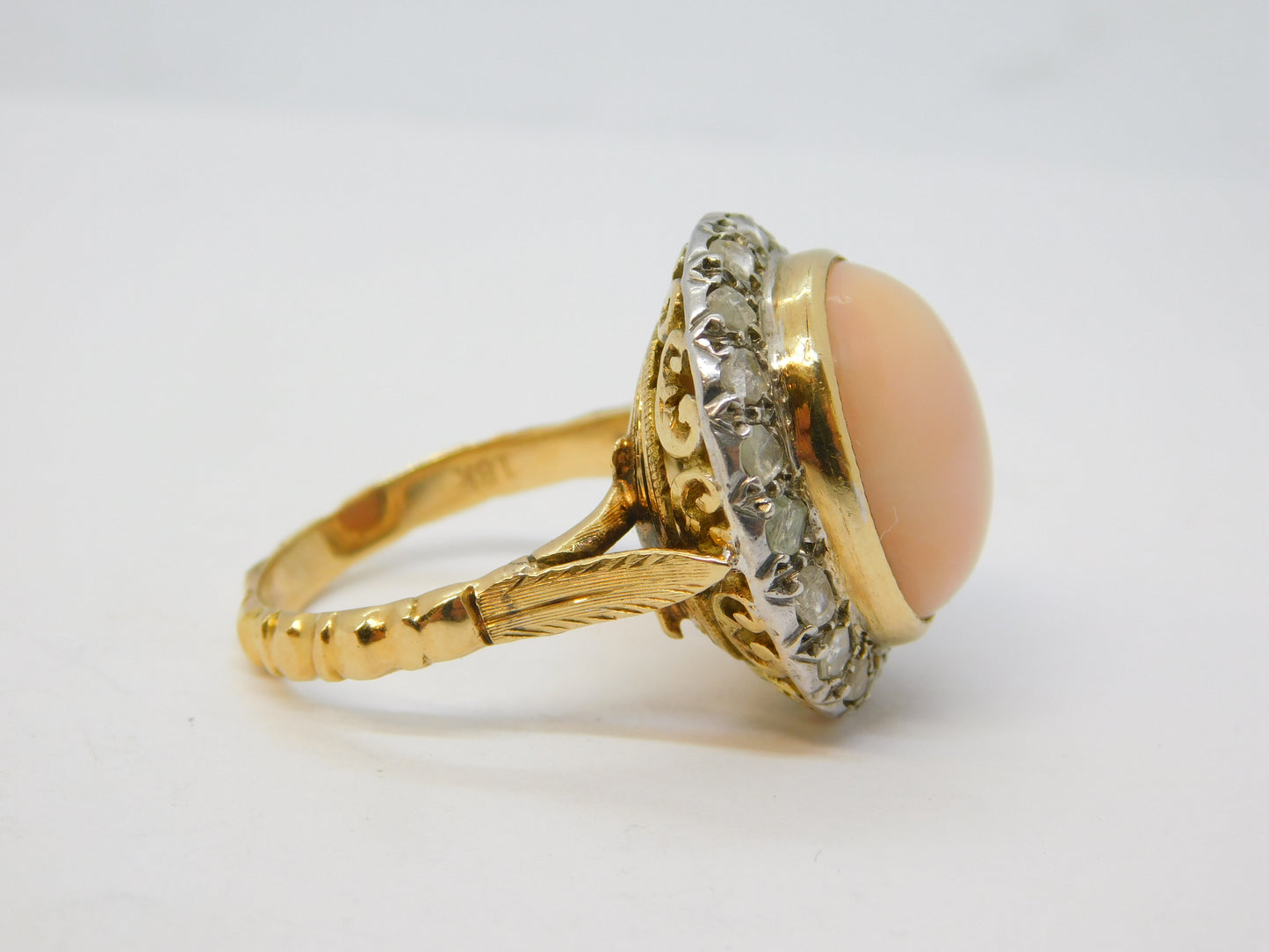 20th Century 18ct Gold, Angel-Skin Coral & 1.1ct Diamond Dress Ring Antique
