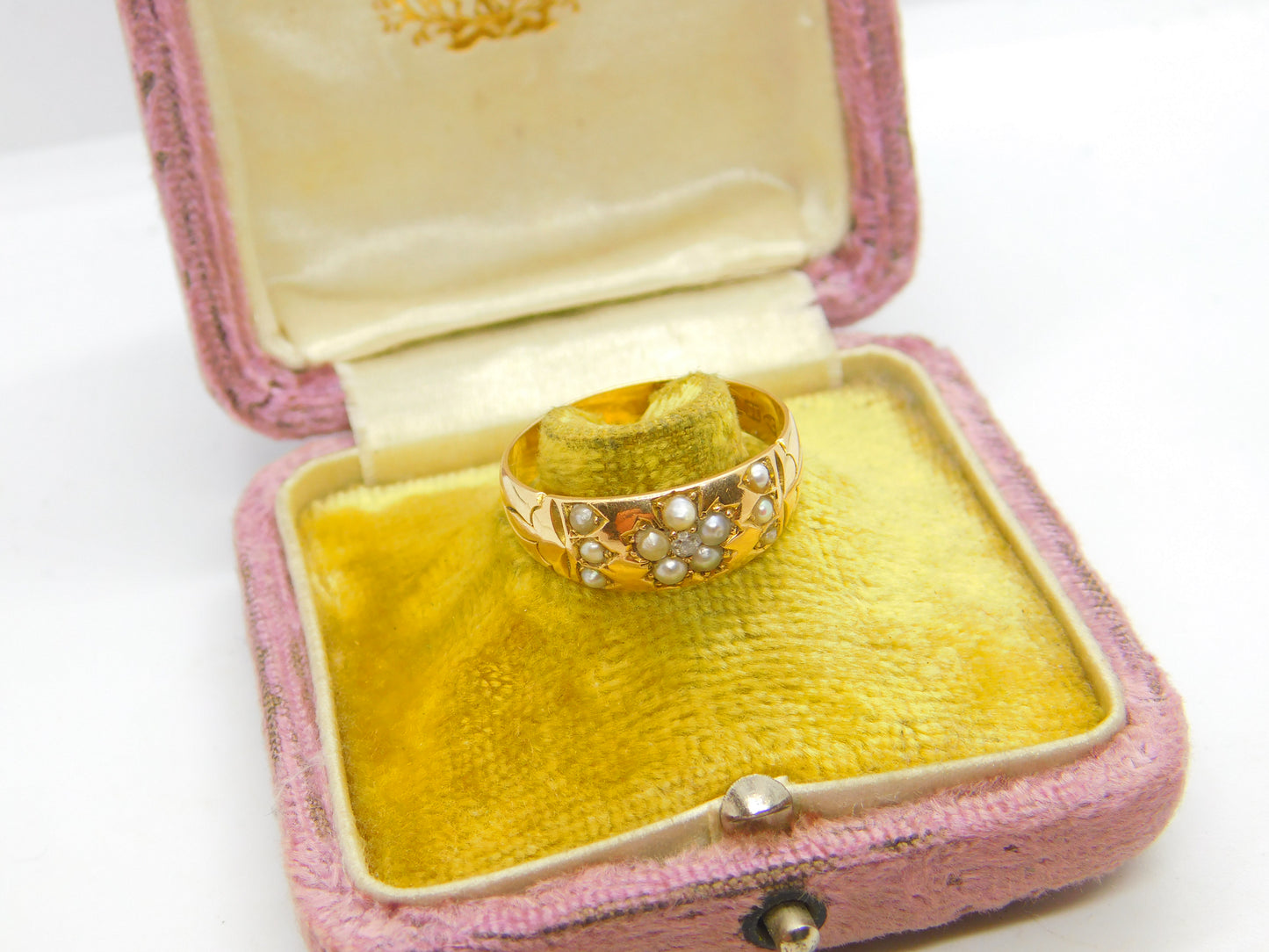 Victorian 15ct Gold, Seed Pearl & Diamond Floral Sweetheart Ring Chester 1886