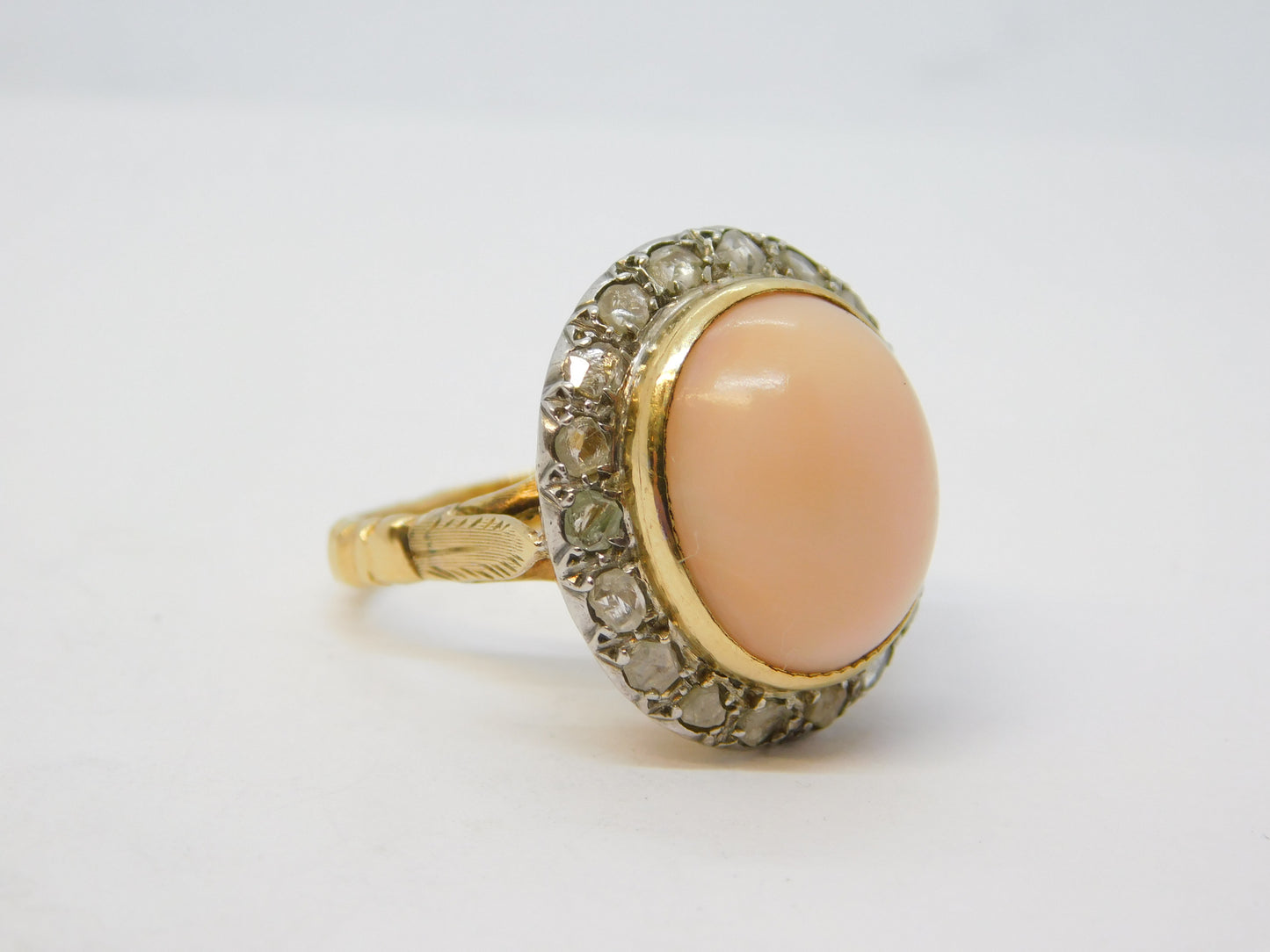 20th Century 18ct Gold, Angel-Skin Coral & 1.1ct Diamond Dress Ring Antique