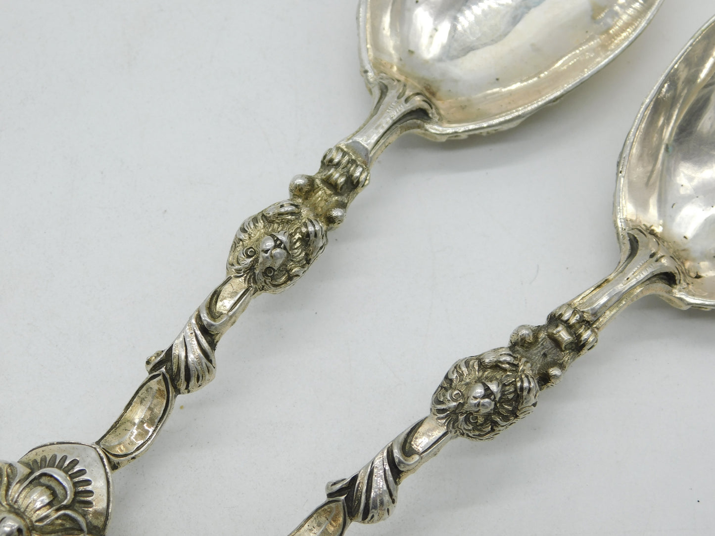 German Hanau .800 Grade Silver Ornate Pair of Serving Spoons Antique c1860
