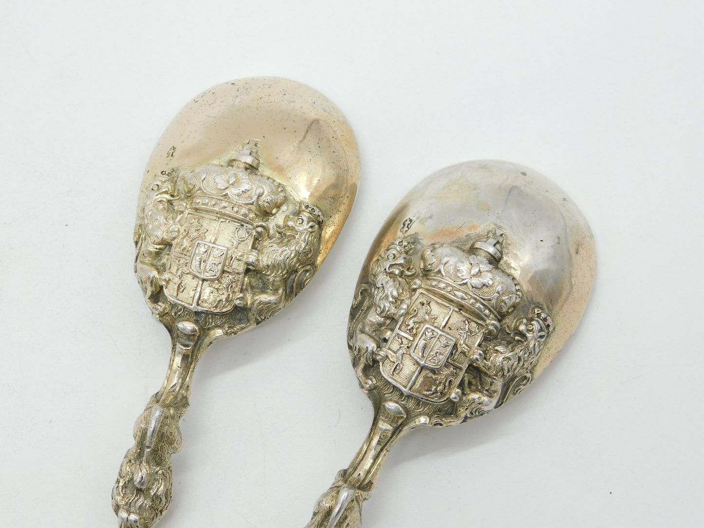 German Hanau .800 Grade Silver Ornate Pair of Serving Spoons Antique c1860