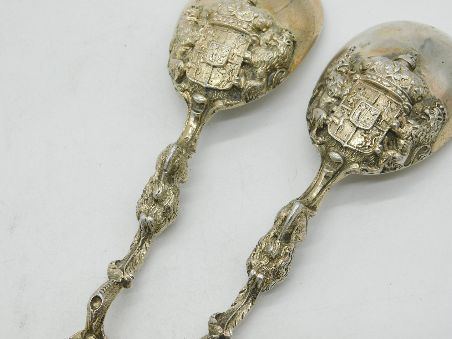 German Hanau .800 Grade Silver Ornate Pair of Serving Spoons Antique c1860