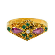Victorian 15ct Yellow Gold, Emerald, Almandine Garnet, Seed Pearl Dress Ring Birmingham 1870