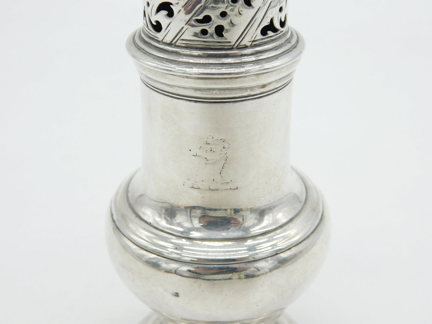 George II Sterling Silver Crested Muffineer Sugar Caster Antique 1750 London