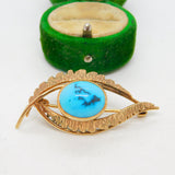 9ct Yellow Gold Navajo Style Cabochon Turquoise Feather Brooch Antique c1930