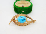 9ct Yellow Gold Navajo Style Cabochon Turquoise Feather Brooch Antique c1930