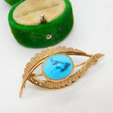 9ct Yellow Gold Navajo Style Cabochon Turquoise Feather Brooch Antique c1930