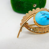 9ct Yellow Gold Navajo Style Cabochon Turquoise Feather Brooch Antique c1930