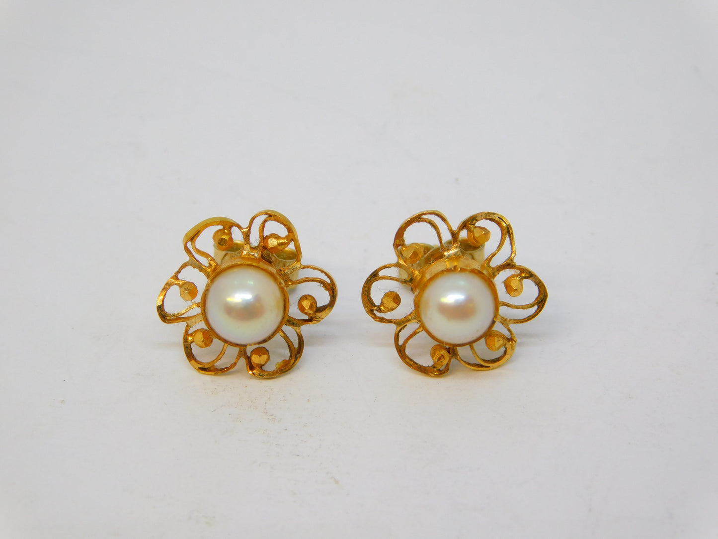 19th Century 18ct Gold Pearl Set Filigree Stud Earrings Antique c1890