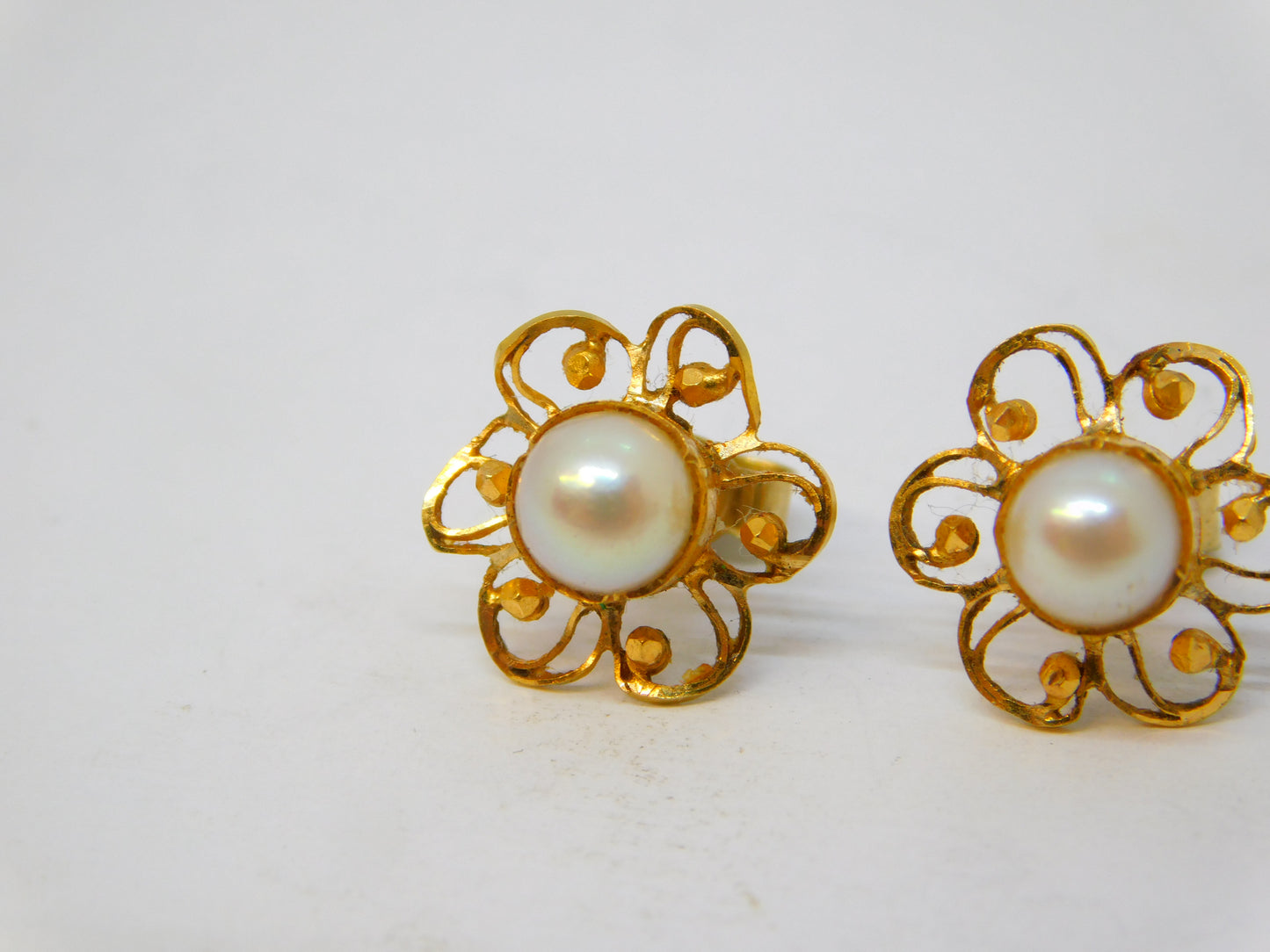 19th Century 18ct Gold Pearl Set Filigree Stud Earrings Antique c1890