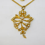 Edwardian 15ct Yellow Gold Seed Pearl Set Floral Pendant Necklace Antique c1910