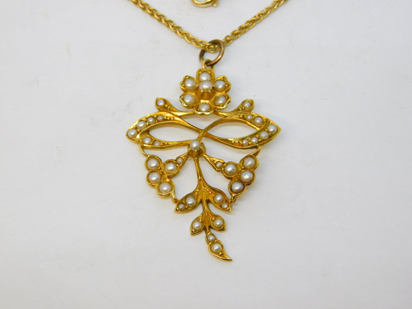 Edwardian 15ct Yellow Gold Seed Pearl Set Floral Pendant Necklace Antique c1910