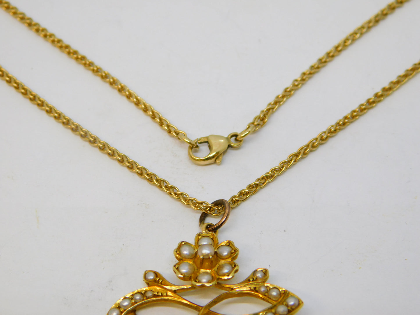 Edwardian 15ct Yellow Gold Seed Pearl Set Floral Pendant Necklace Antique c1910