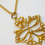 Edwardian 15ct Yellow Gold Seed Pearl Set Floral Pendant Necklace Antique c1910