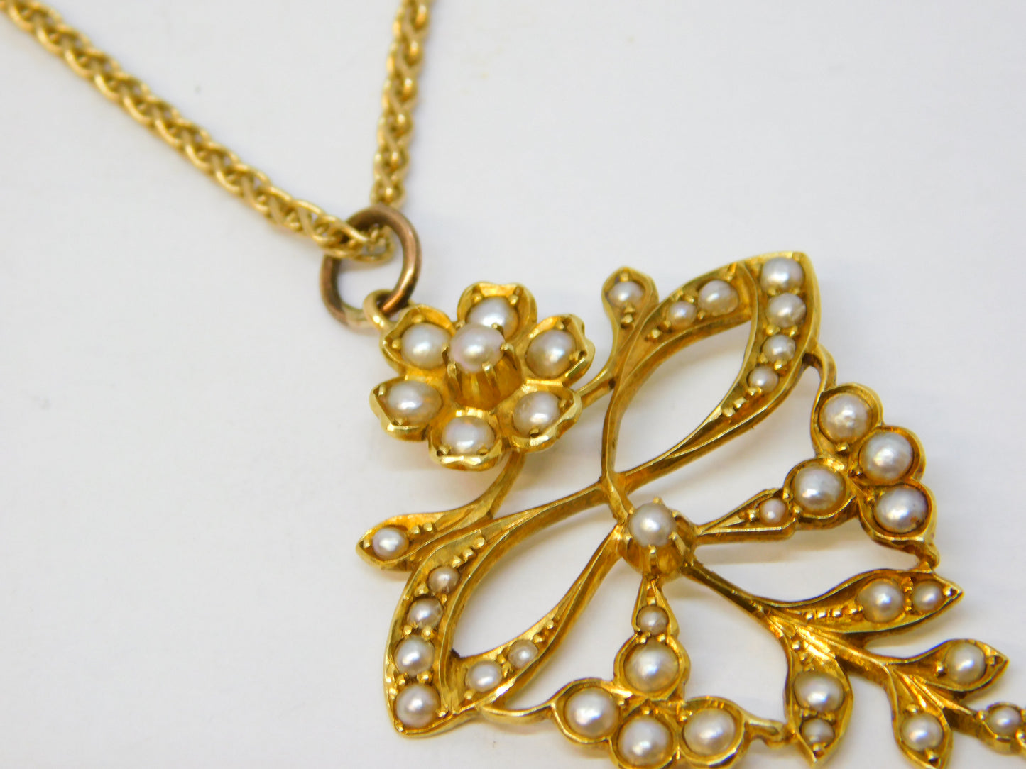 Edwardian 15ct Yellow Gold Seed Pearl Set Floral Pendant Necklace Antique c1910